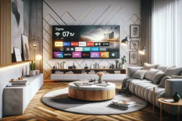 Modern German living room with smart TV, streaming icons, IPTV logo, and legal symbols.
