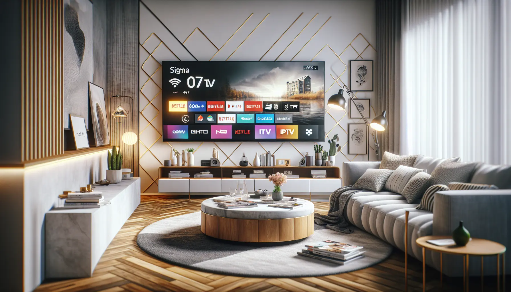 Modern German living room with smart TV, streaming icons, IPTV logo, and legal symbols.