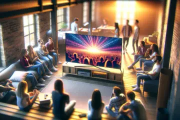 Students sharing affordable IPTV in a cozy dorm, watching a large 4K TV together.