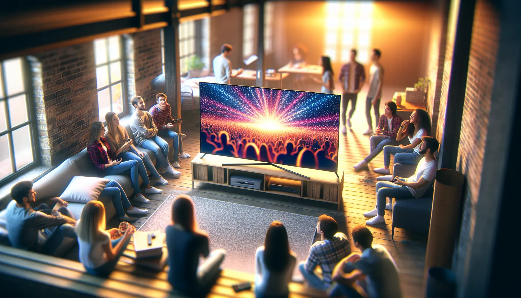 Students sharing affordable IPTV in a cozy dorm, watching a large 4K TV together.