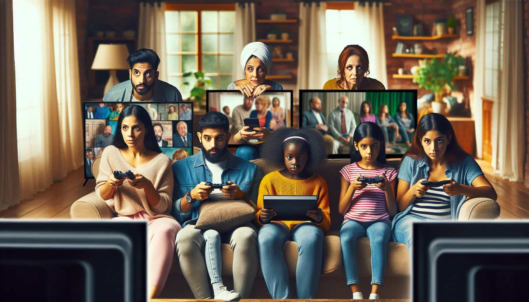 A family enjoying different TV shows on multiple screens simultaneously in their living room.