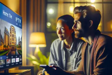 A couple watches their home IPTV service on a hotel room's TV while traveling.
