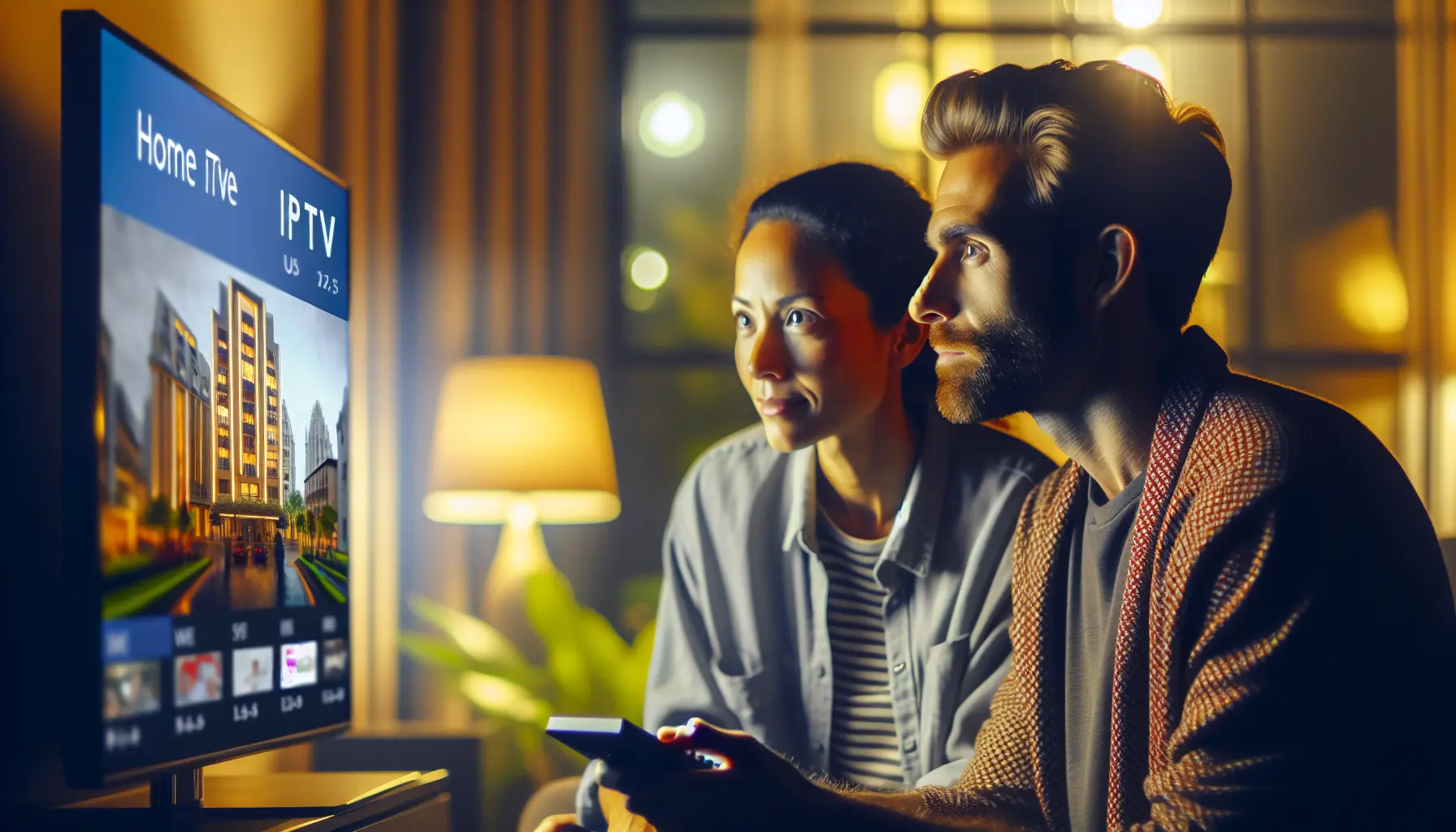 A couple watches their home IPTV service on a hotel room's TV while traveling.