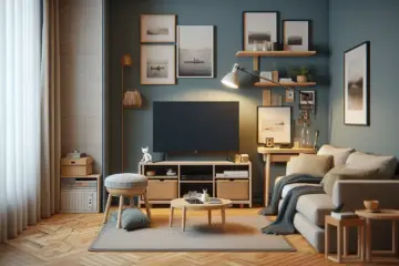 A minimalist flatscreen TV in a cozy, compact apartment, offering space-saving, modern entertainment.
