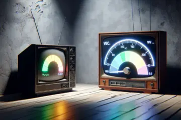 A modern TV with a holographic energy meter showing low power consumption, compared to a bulkier older device.