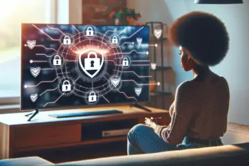 A person safely using a legal streaming service on a TV, with security icons symbolizing protected IPTV use.