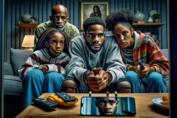 A family watches a movie sourced from a smartphone, visually questioning the legality of shared IPTV accounts.