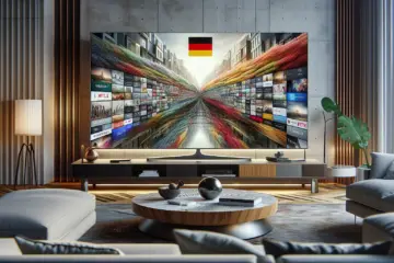 A sleek living room with a modern TV displaying a mosaic of German channels, representing premium 2025 IPTV.