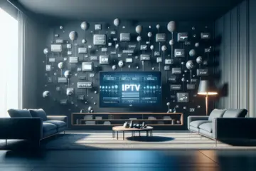 alt_text: Magazine cover showing a smart TV with IPTV terms floating around in a sleek, modern room.