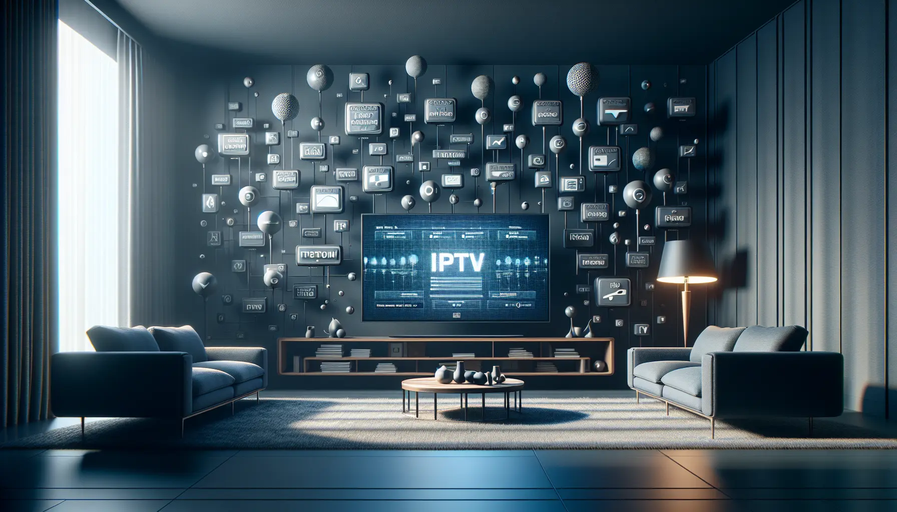 alt_text: Magazine cover showing a smart TV with IPTV terms floating around in a sleek, modern room.