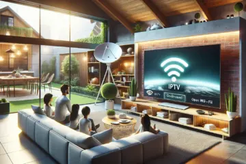 alt_text: Modern living room showing IPTV benefits with on-demand content, Wi-Fi, and family; satellite outside.