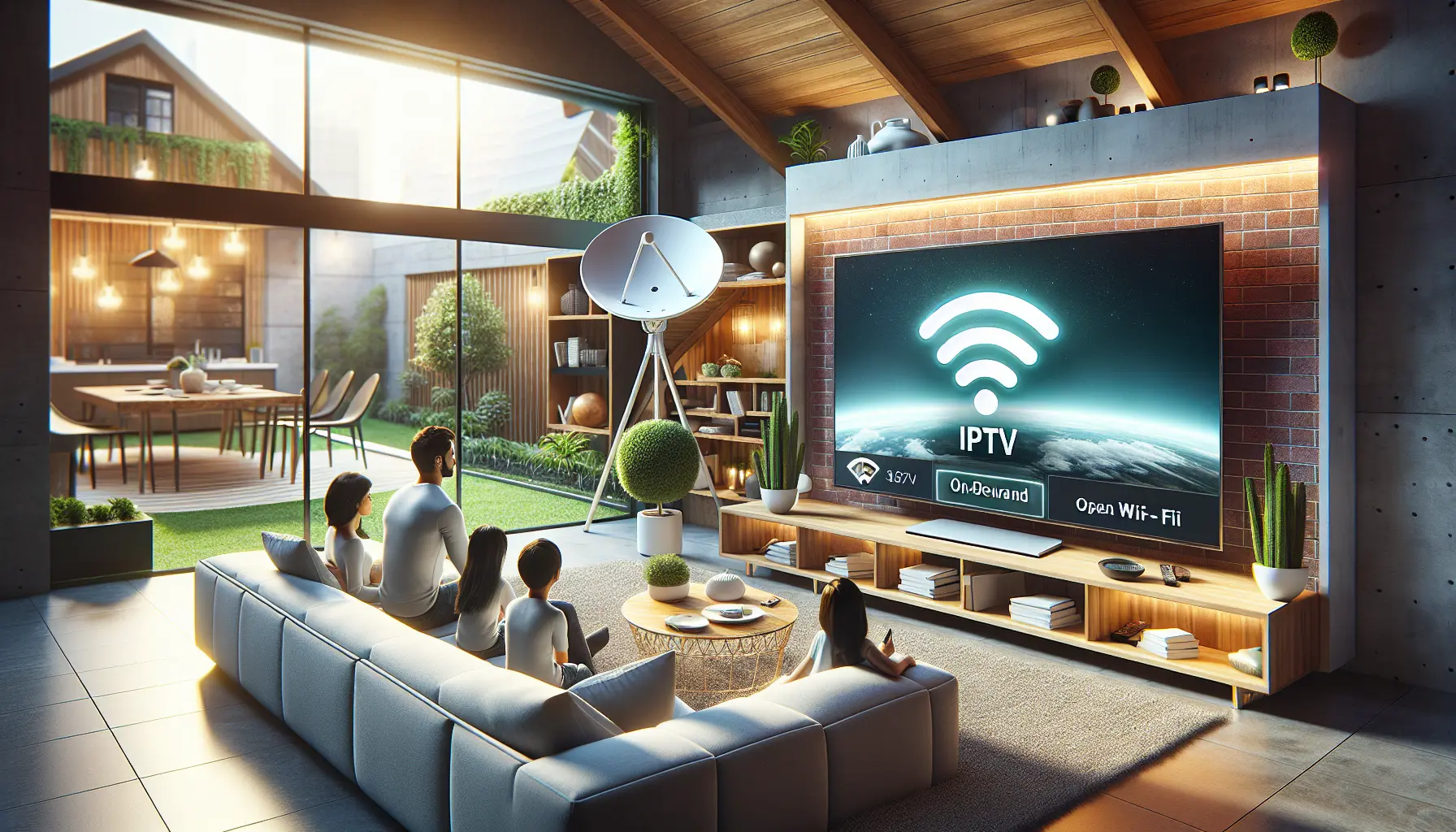 alt_text: Modern living room showing IPTV benefits with on-demand content, Wi-Fi, and family; satellite outside.