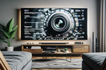 alt_text: Modern living room with TV showing streaming protocols and German interface elements.