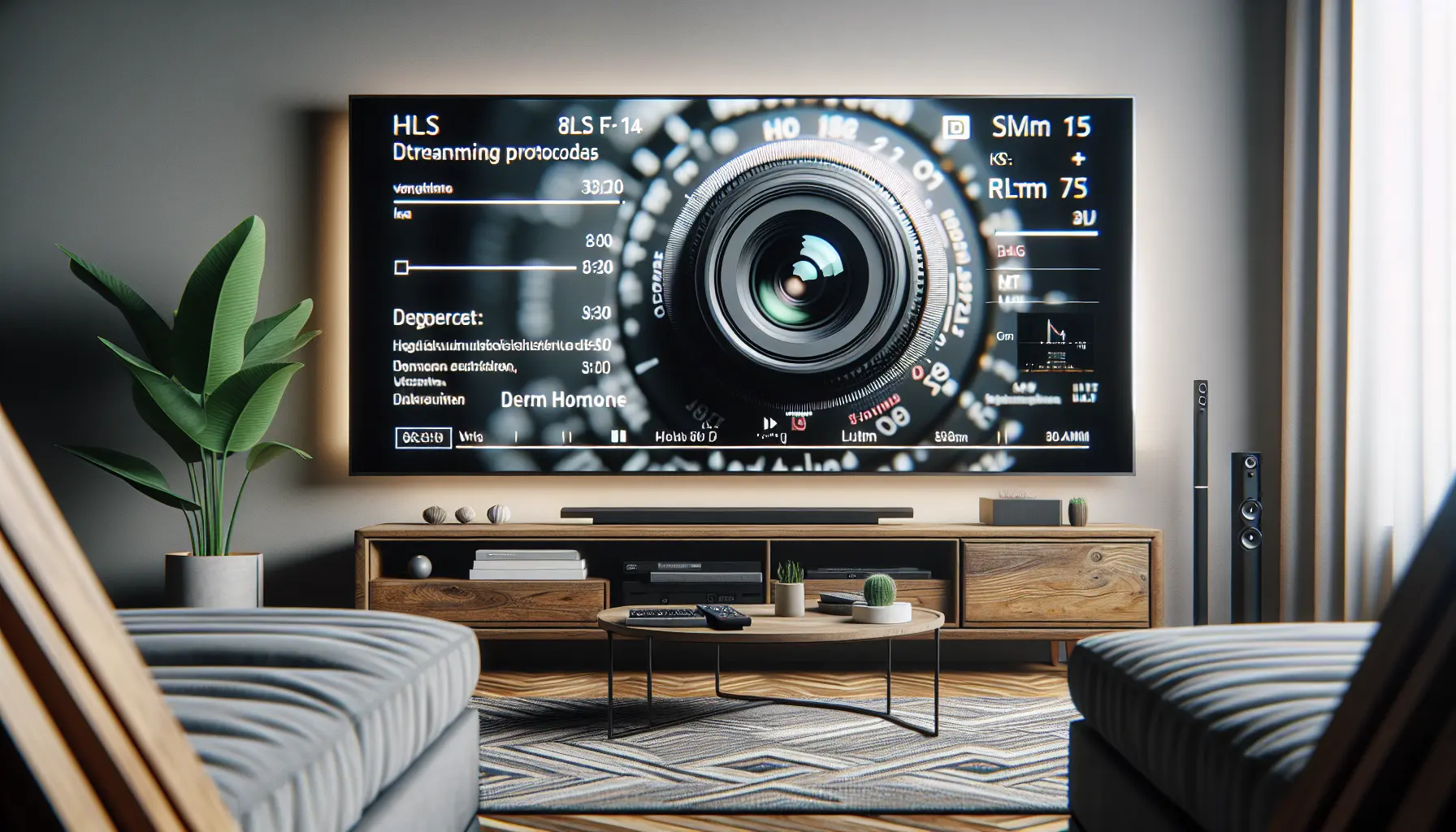 alt_text: Modern living room with TV showing streaming protocols and German interface elements.