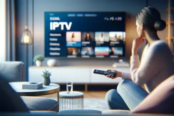 alt_text: Modern living room with a TV displaying IPTV channel list and a person using a remote.