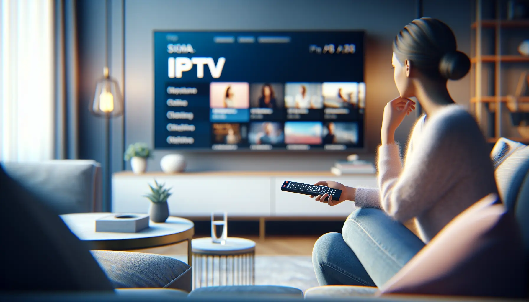 alt_text: Modern living room with a TV displaying IPTV channel list and a person using a remote.