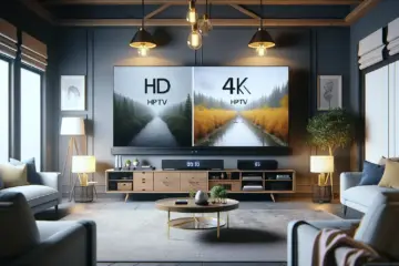 Compare IPTV HD and 4K on a smart TV in a modern living room setting.