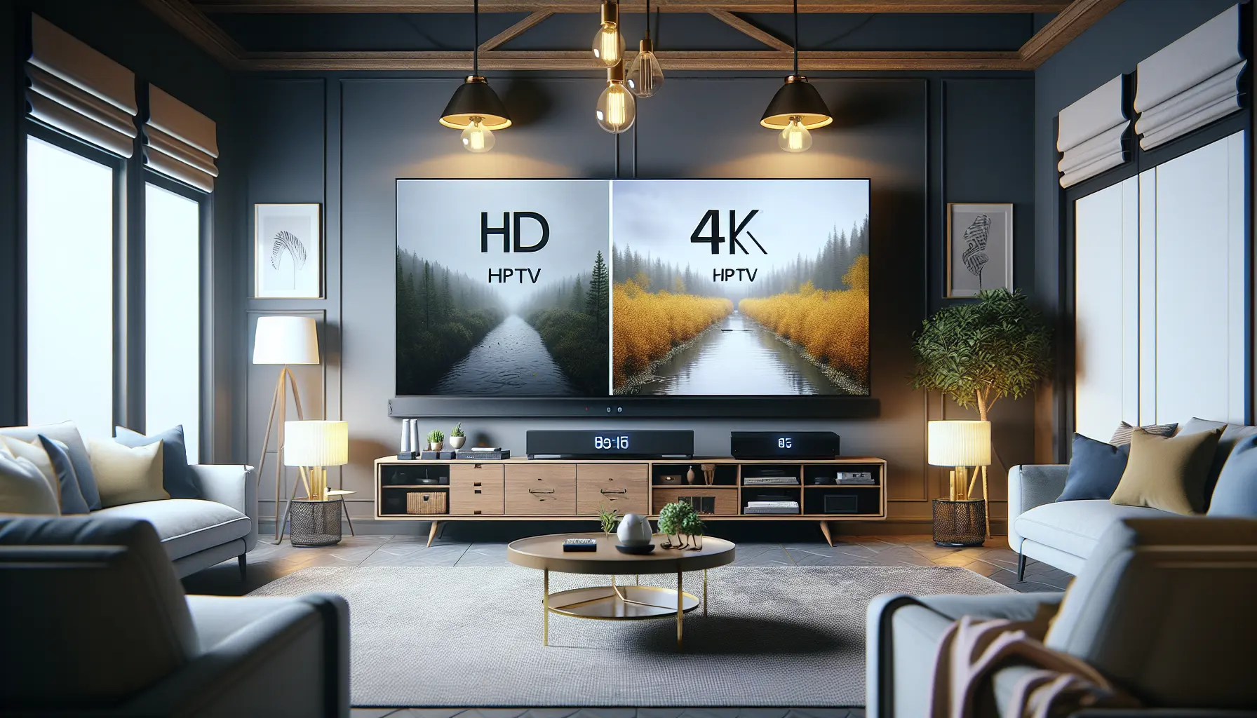 Compare IPTV HD and 4K on a smart TV in a modern living room setting.