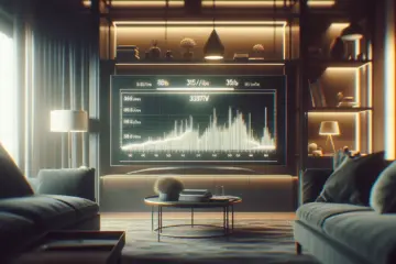 Alt_text: Modern living room with TV, speed test, and info on IPTV speed needs.