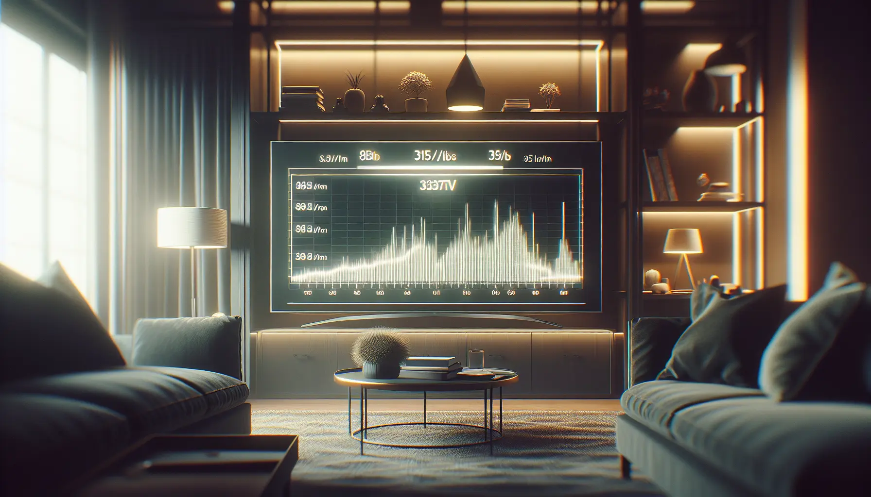 Alt_text: Modern living room with TV, speed test, and info on IPTV speed needs.