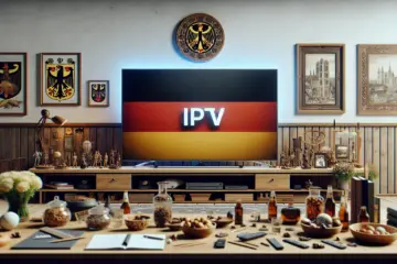 alt_text: Modern TV in a living room showing IPTV channels in Germany, with German cultural touches.