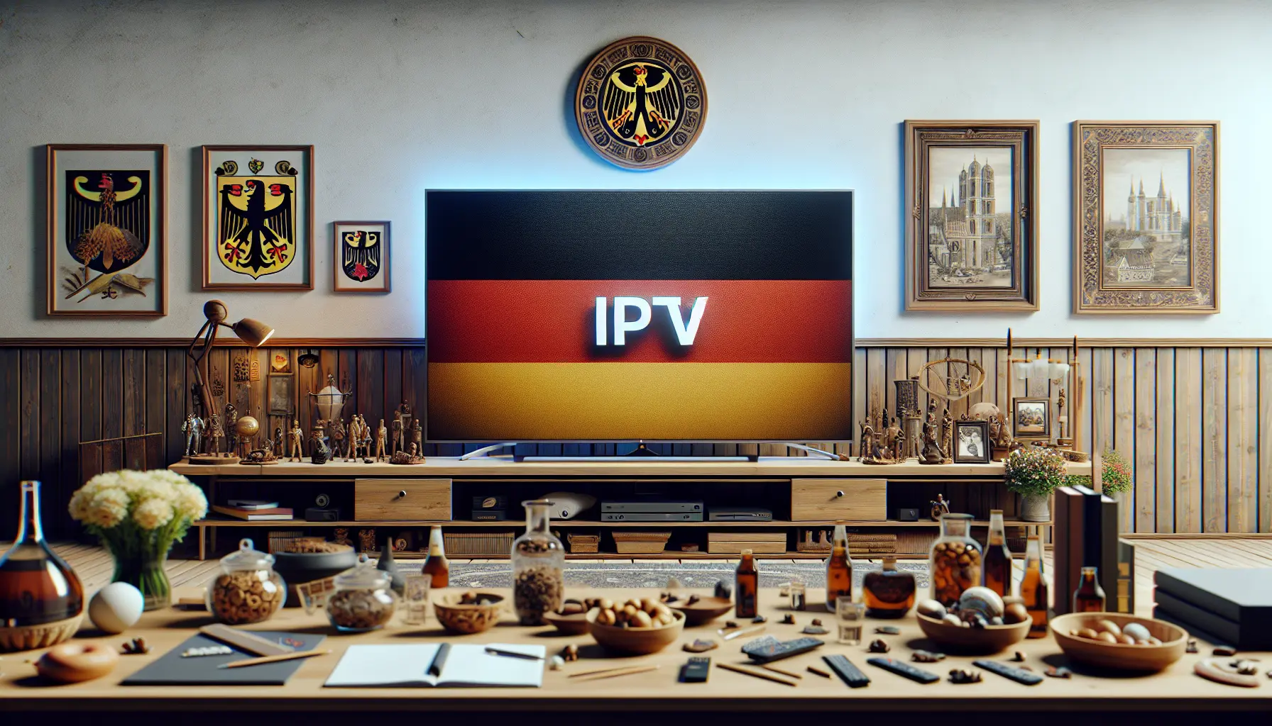 alt_text: Modern TV in a living room showing IPTV channels in Germany, with German cultural touches.