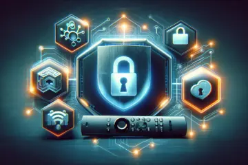 IPTV with VPN: Secure streaming with protection, privacy icons, and modern digital design.