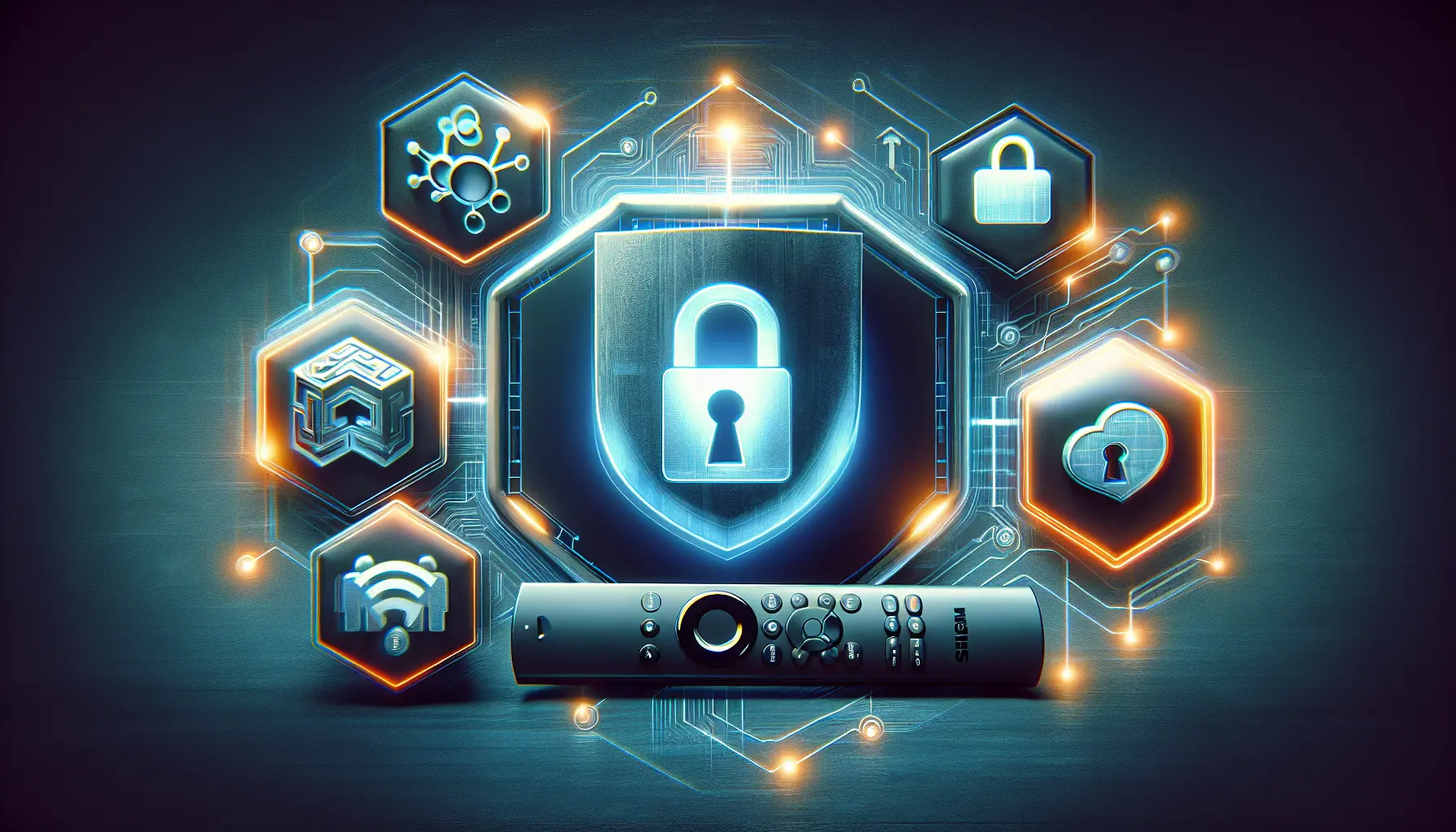 IPTV with VPN: Secure streaming with protection, privacy icons, and modern digital design.