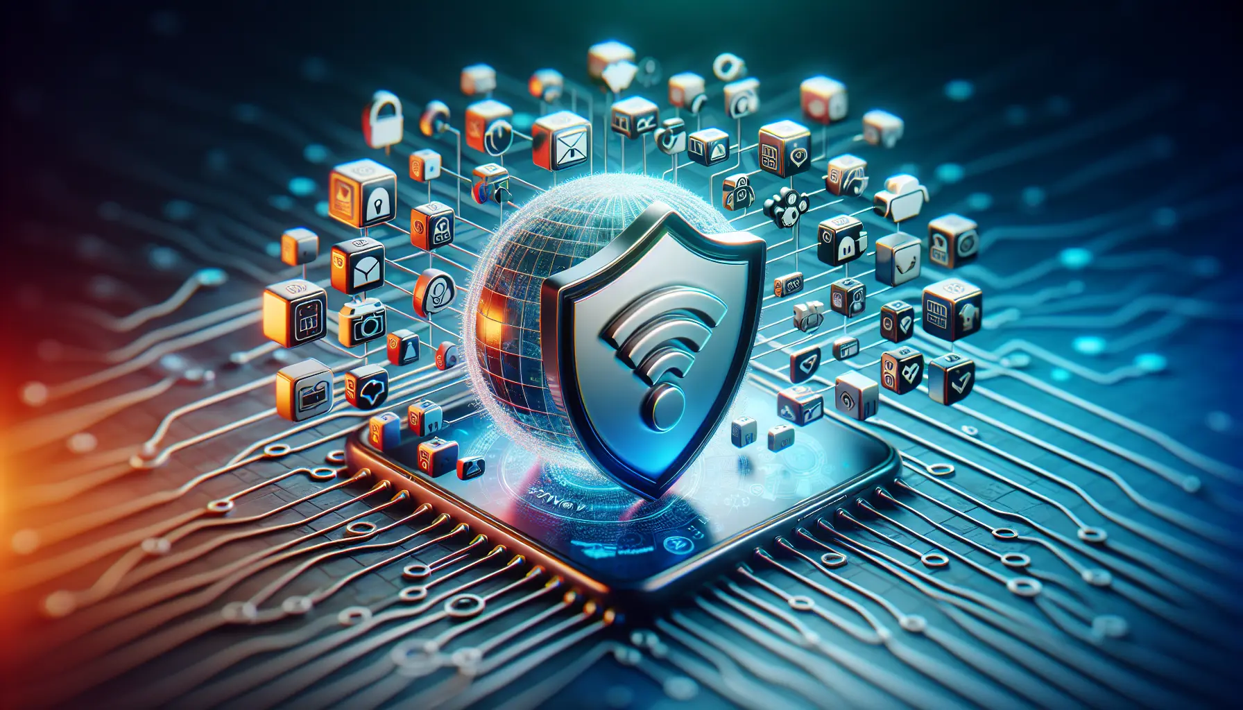 IPTV with VPN: Secure streaming showcased with protection icons and secure network elements.