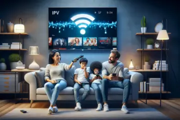 A modern cover showing a smart TV, a family with remote, Wi-Fi icon, explaining IPTV basics.