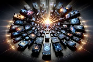 A dynamic layout of glowing smartphones showing different live TV apps on a dark, futuristic background.