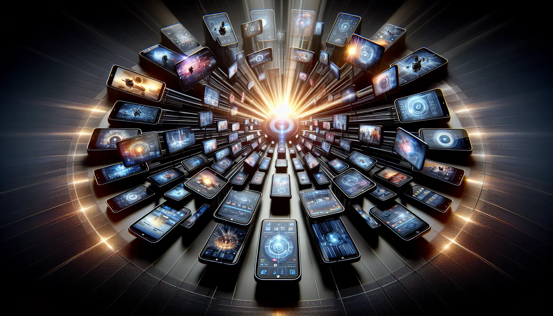 A dynamic layout of glowing smartphones showing different live TV apps on a dark, futuristic background.