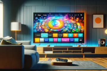 A modern living room TV displaying a vibrant IPTV app menu, with a Fire TV Stick plugged in.