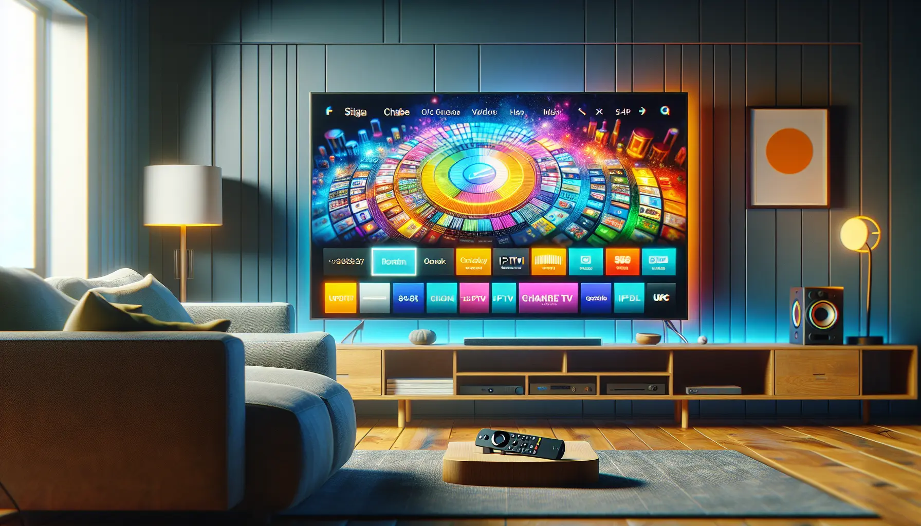 A modern living room TV displaying a vibrant IPTV app menu, with a Fire TV Stick plugged in.