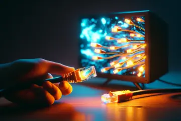 A glowing ethernet cable fixes a glitching TV, transforming it to a crystal-clear image.