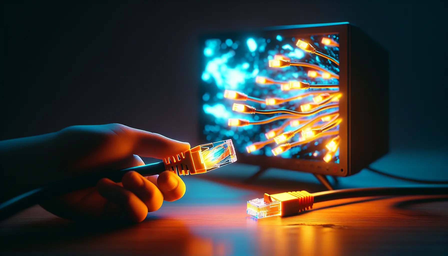 A glowing ethernet cable fixes a glitching TV, transforming it to a crystal-clear image.
