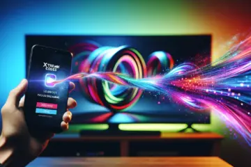 A smartphone displaying an Xtream Codes login screen, with a stream of data flowing towards a large TV showing a vibrant program.