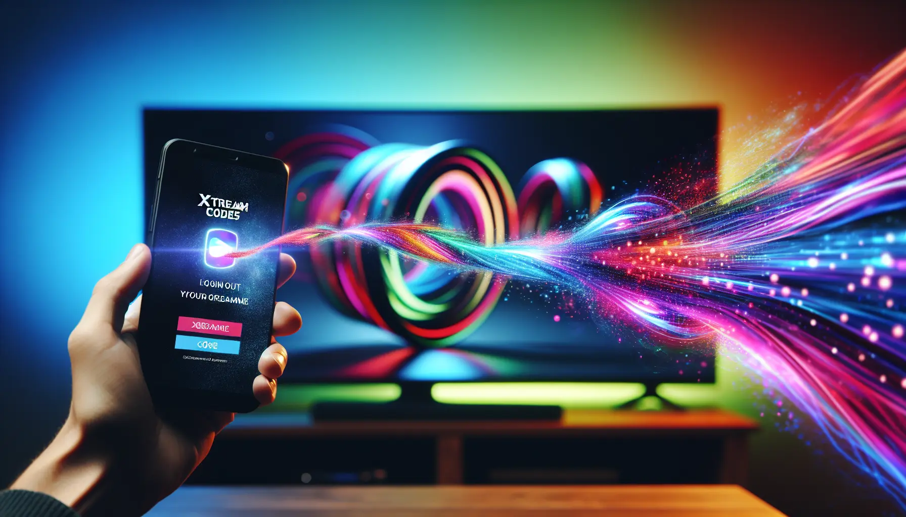 A smartphone displaying an Xtream Codes login screen, with a stream of data flowing towards a large TV showing a vibrant program.