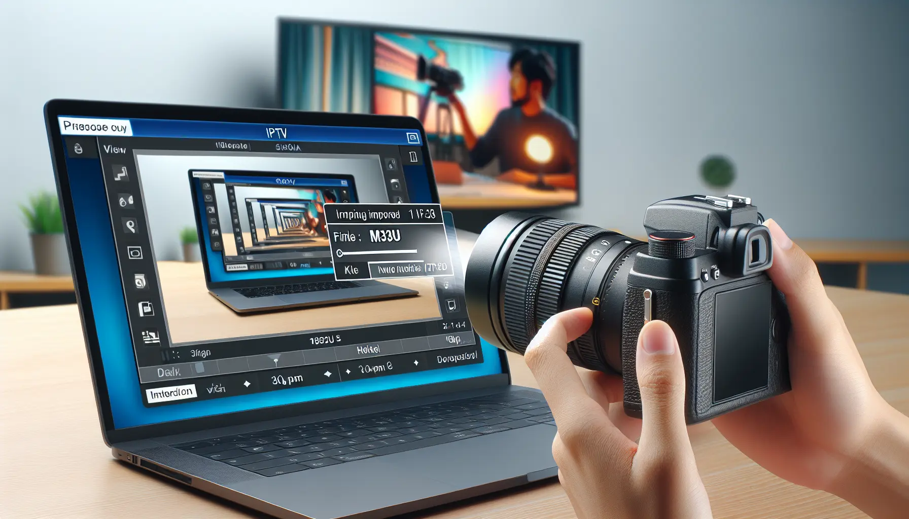 A laptop screen shows an M3U file being imported into an IPTV app, connecting to a TV.