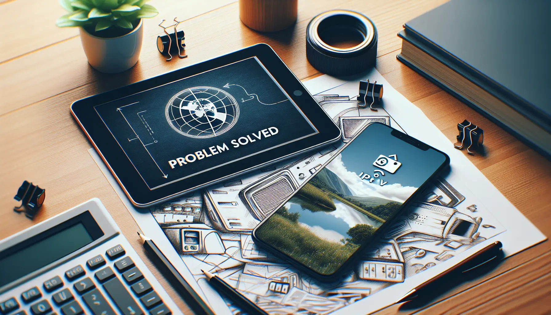 A tablet and phone on a desk, showing a "problem solved" icon and clear video stream.