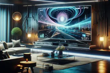 A sleek German living room in 2025, featuring a large TV displaying abstract data streams, symbolizing top IPTV services.