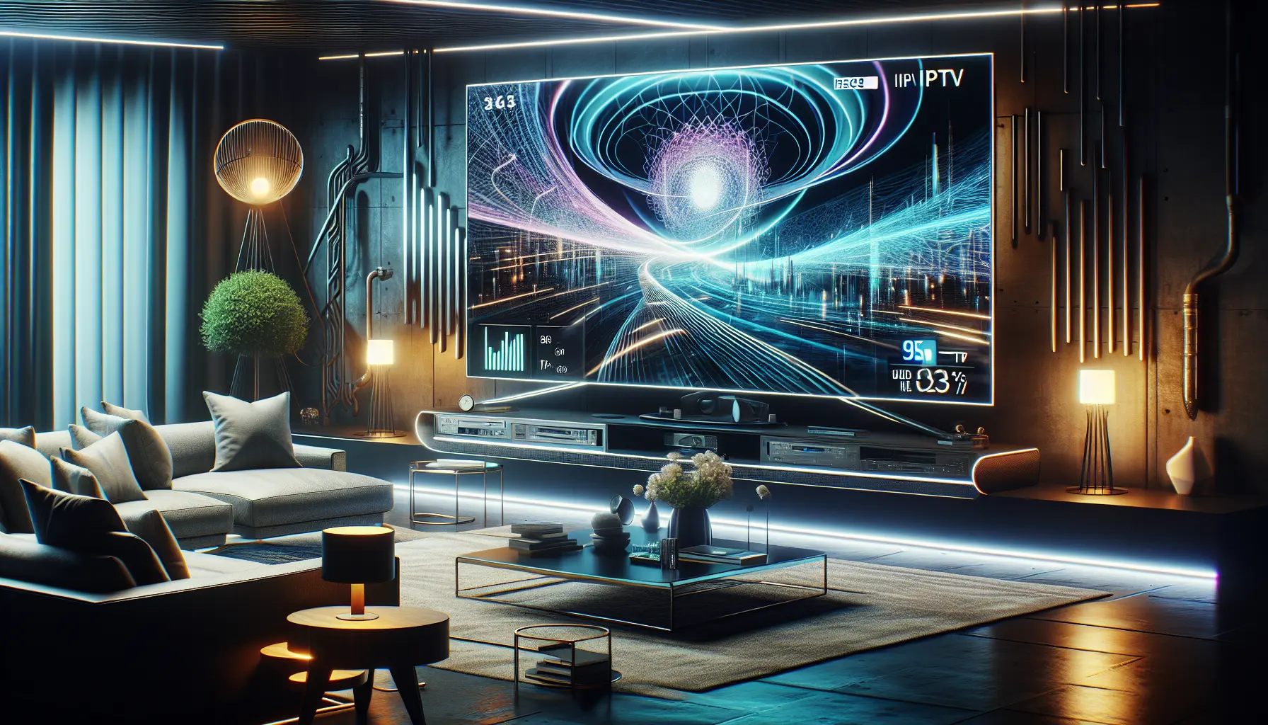 A sleek German living room in 2025, featuring a large TV displaying abstract data streams, symbolizing top IPTV services.