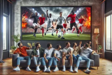 A diverse group of sports fans watching a vibrant, high-definition football match on a large TV in a modern living room.