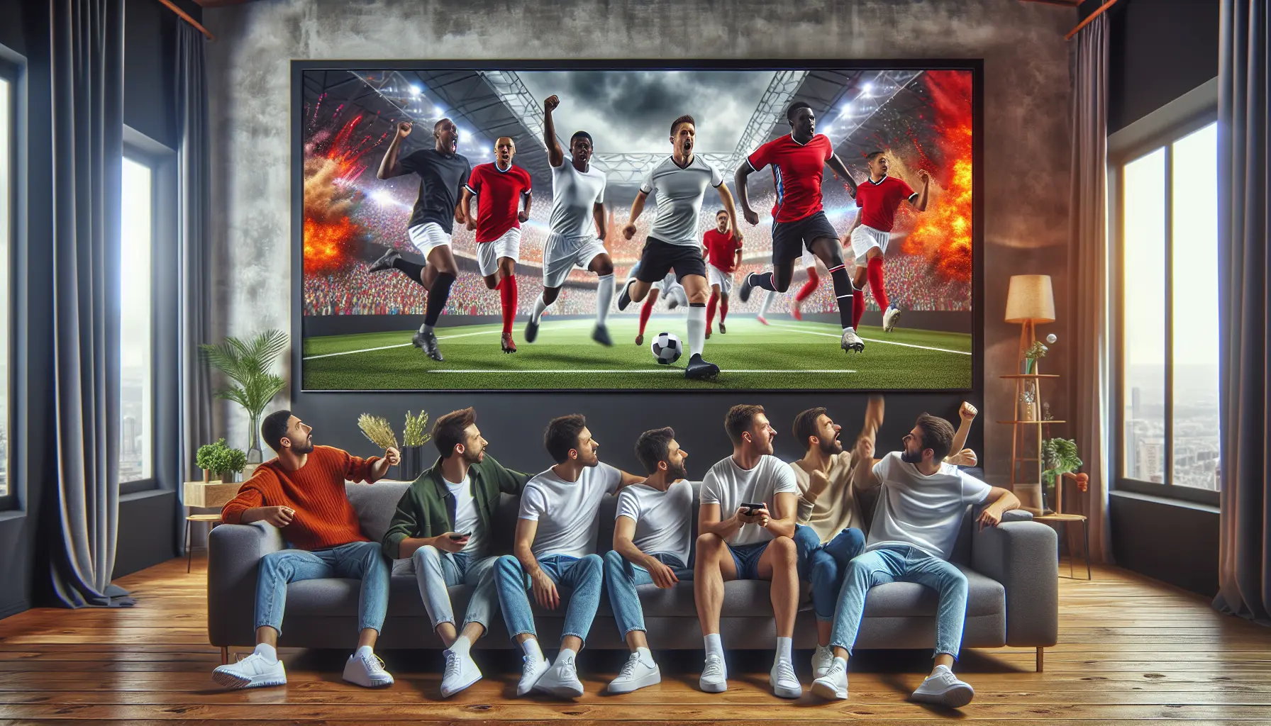 A diverse group of sports fans watching a vibrant, high-definition football match on a large TV in a modern living room.