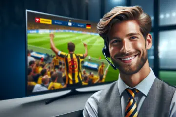 A friendly German IPTV support agent smiles, with a large TV displaying Bundesliga in the background.