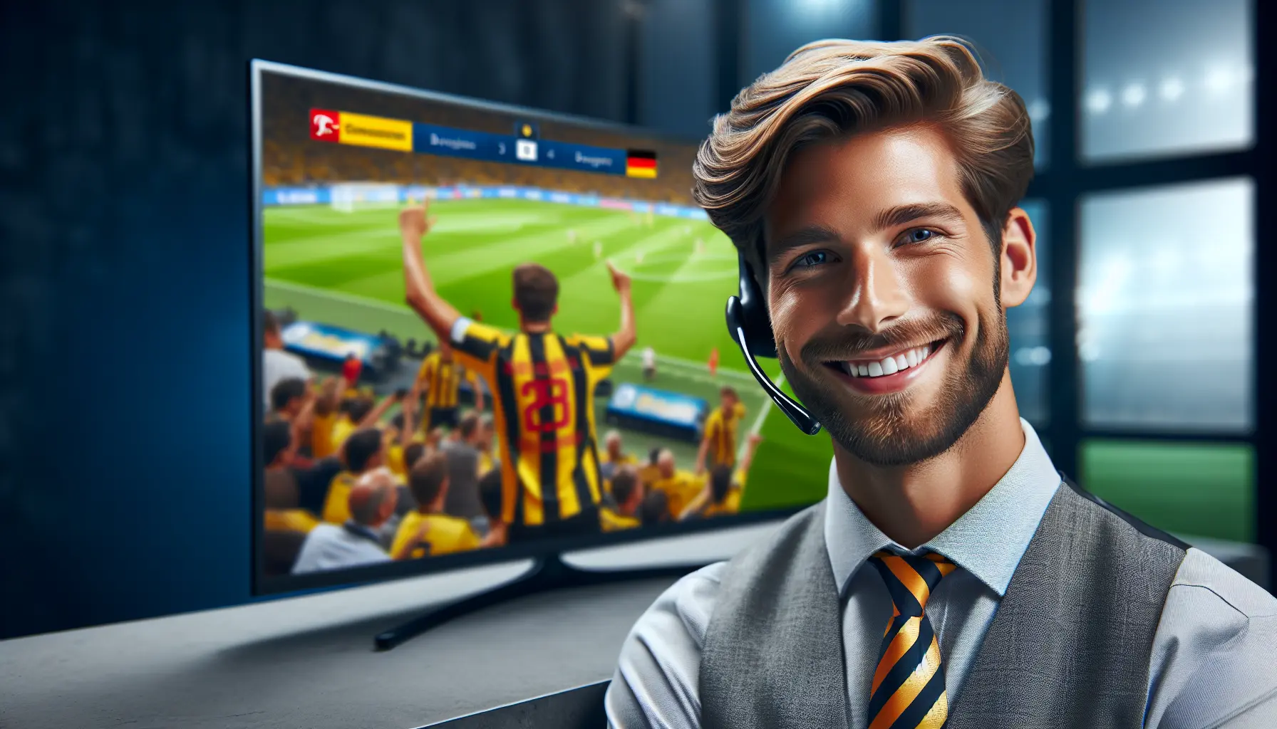 A friendly German IPTV support agent smiles, with a large TV displaying Bundesliga in the background.