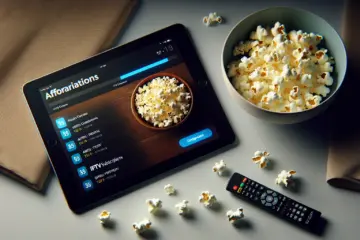 A comparison of affordable IPTV subscriptions on a tablet, with popcorn and a remote nearby.