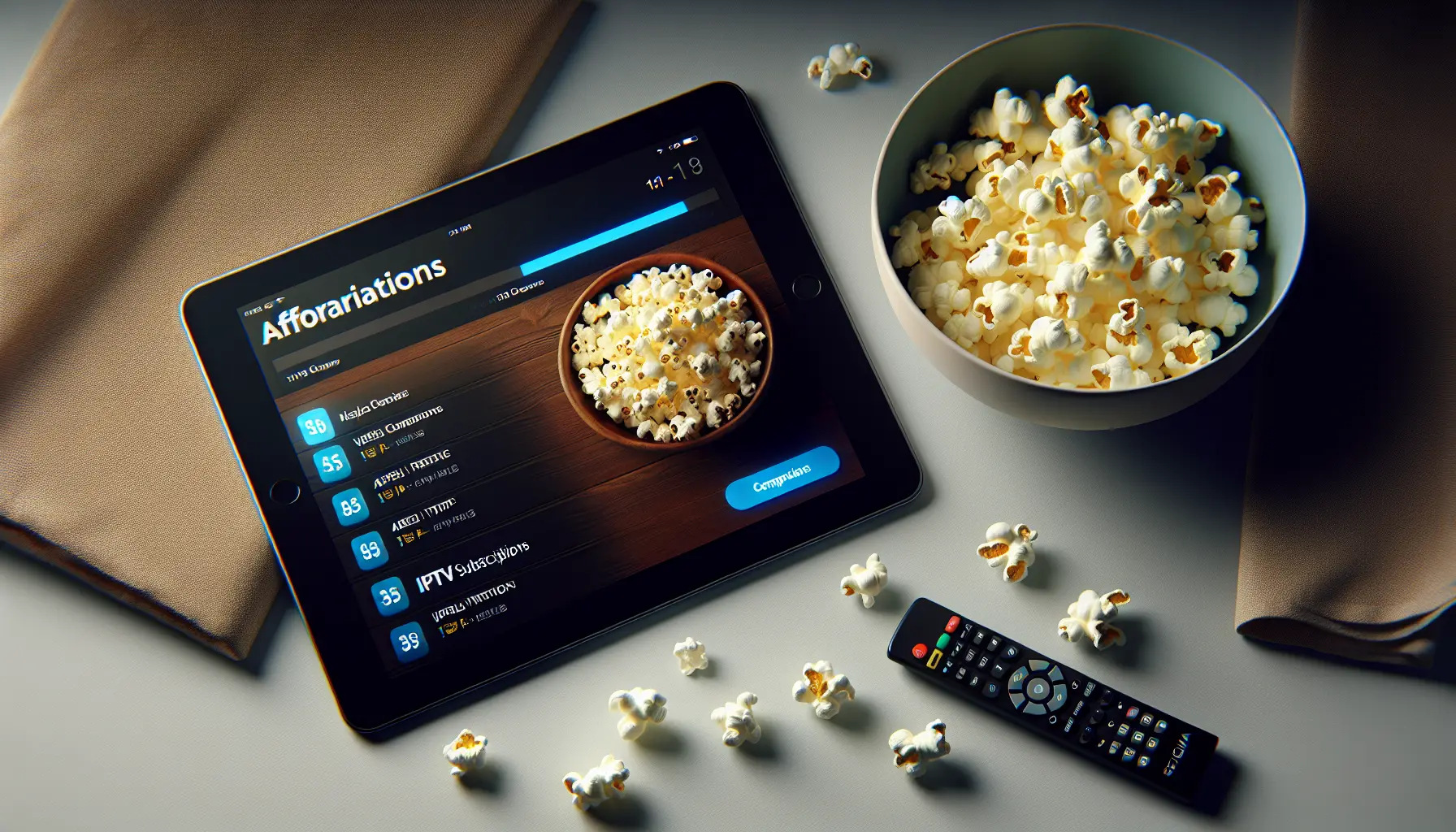 A comparison of affordable IPTV subscriptions on a tablet, with popcorn and a remote nearby.