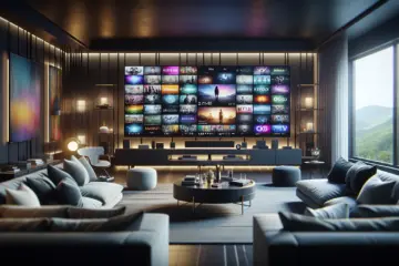 A modern living room with a large TV displaying vibrant 4K content, showcasing premium IPTV's vast entertainment selection.