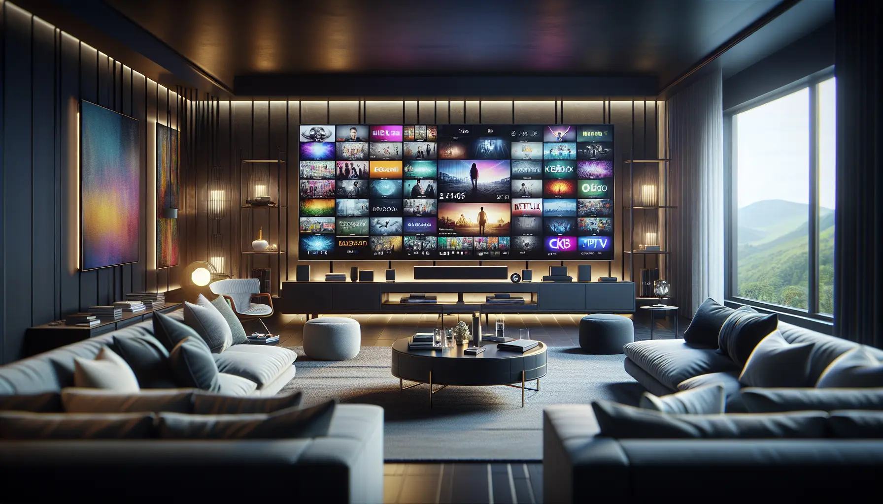 A modern living room with a large TV displaying vibrant 4K content, showcasing premium IPTV's vast entertainment selection.